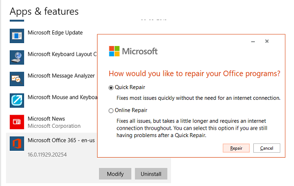 Réparation rapide de Microsoft Office Online