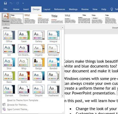 Asiakirjan teeman värien muuttaminen Microsoft Office -ohjelmissa
