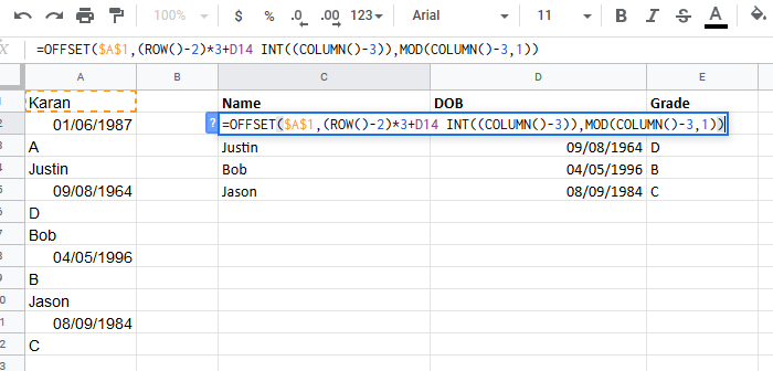 Konwertuj kolumny na wiersze w programie Excel za pomocą formuł