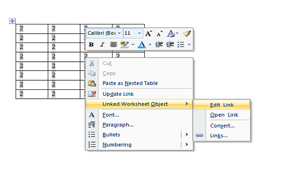 insérer une feuille de calcul Excel dans les options de collage de mots modifier le lien