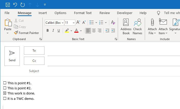Indsæt interaktivt afkrydsningsfelt i Outlook e-mail og mail-app