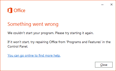 Radās problēma, mēs nevarējām palaist jūsu programmu — Office kļūda