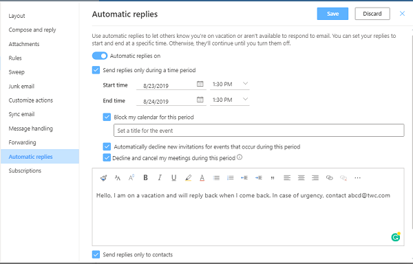 Kuidas seadistada Outlookis automaatsed vastused või puhkusevastused