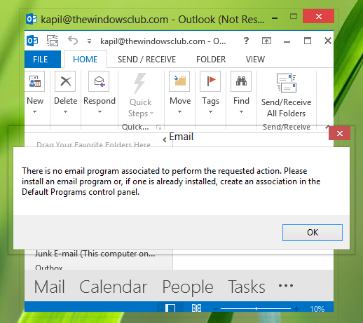 Няма свързана програма за електронна поща, която да извърши исканата грешка в действието в Outlook