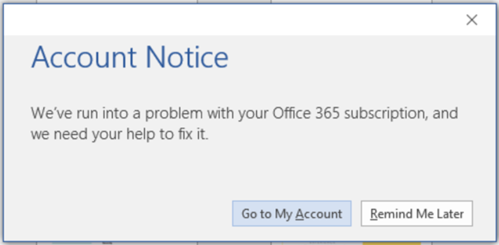 Korjaa Account Notice -virhesanoma Office 365 -tilauksessa