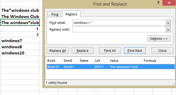 trouver des caractères génériques dans Excel en utilisant tilde