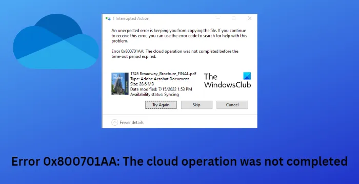 Chyba 0x800701AA, cloudová operace nebyla dokončena