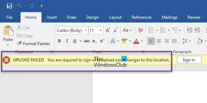 Microsoft Wordin LATAUS EPÄONNISTUI, Sinun on kirjauduttava sisään, jotta voit ladata muutokset tähän sijaintiin