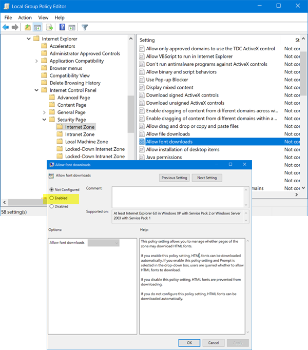 Ikoner och teckensnitt saknas i Internet Explorer 11 på Windows 10
