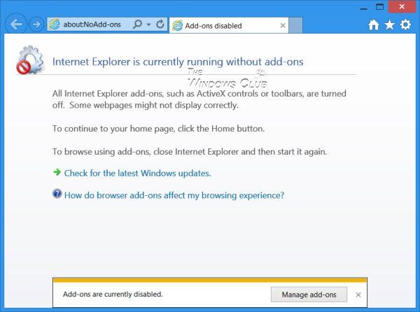 قم بتشغيل Internet Explorer في وضع عدم وجود وظائف إضافية