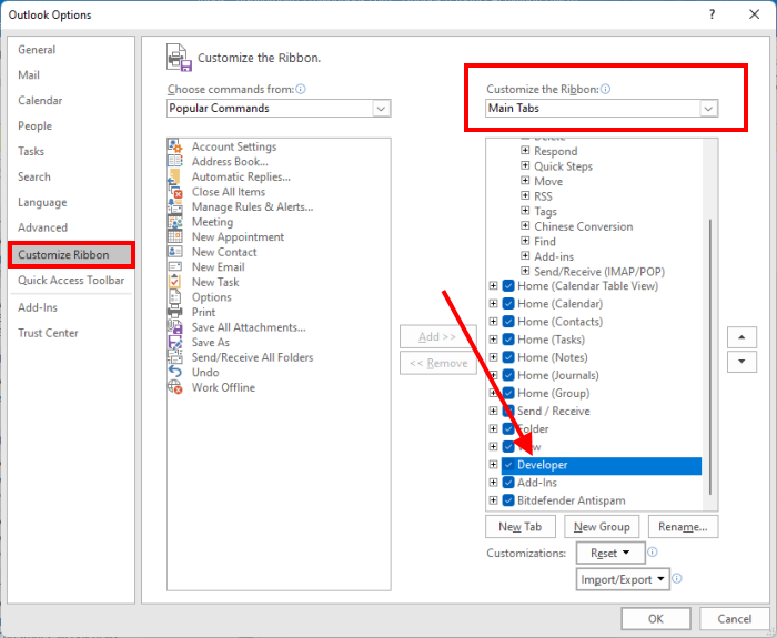 Iespējojiet izstrādātāja režīmu programmā Outlook, izmantojot Outlook opcijas