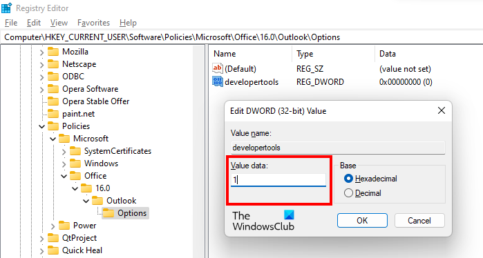 Включить режим разработчика в Outlook через реестр