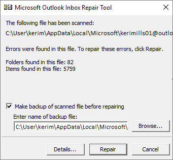 Инструмент за поправка на входящата кутия на Outlook