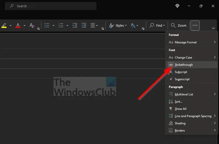 Как да добавите зачертаване към текст в Outlook