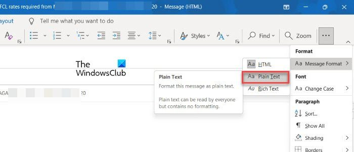 Променете формата на пощата на обикновен текст в Outlook