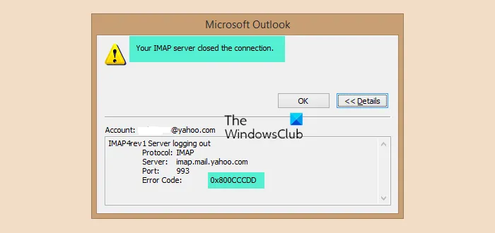 Outlooki viga 0x800CCCDD, teie IMAP-server sulges ühenduse