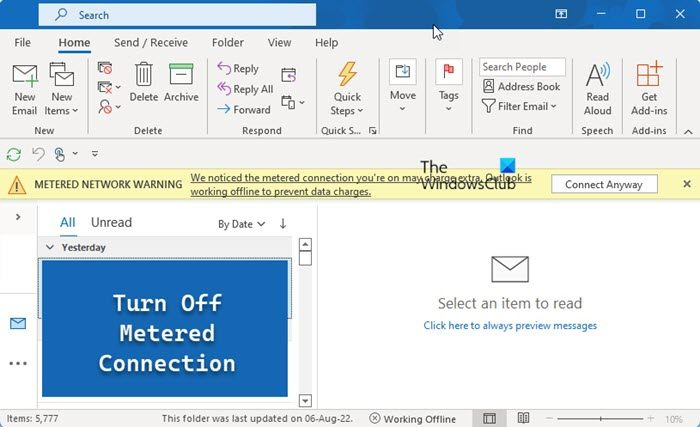Cómo eliminar la advertencia de conexión medida en Outlook