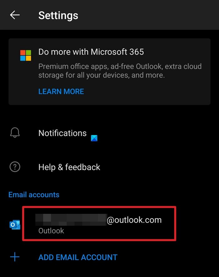   Outlook Android पर हटाने के लिए ईमेल खाते का चयन करें