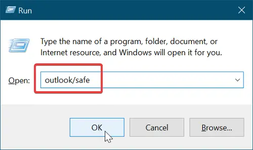   apri Outlook in modalità provvisoria per riparare l'installazione di Microsoft Outlook