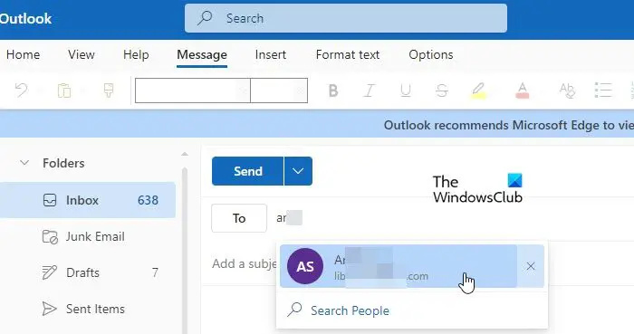   Verificando destinatário's email in Outlook.com