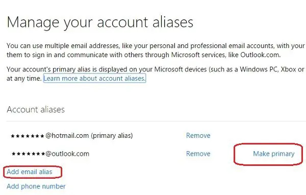   Account alias sa Outlook.com
