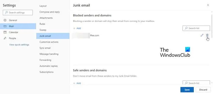   Списък с блокирани податели в Outlook