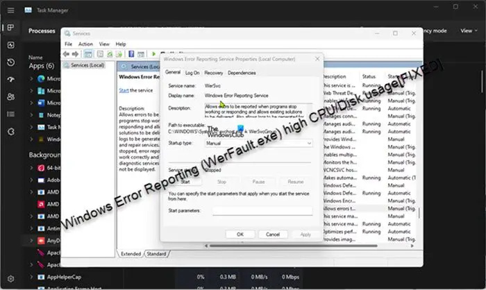 Fix Windows Error Reporting (WerFault.exe) hoge CPU, schijf. Geheugengebruik in Windows 11/10