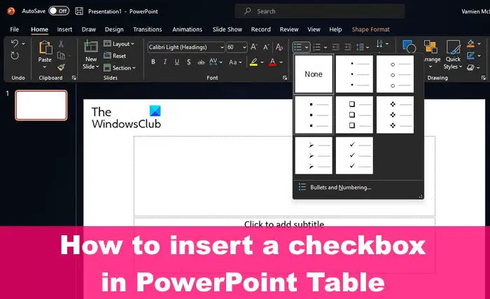 Hur man infogar bock eller klickbar kryssruta i PowerPoint