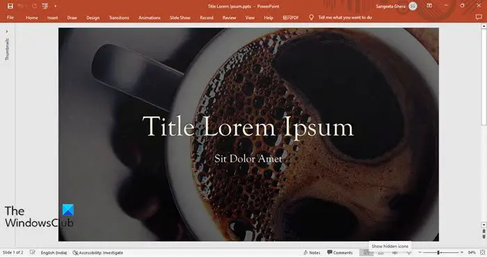   PowerPoint editor vindue med minimeret grænseflade