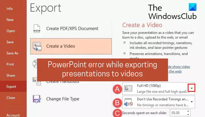 Ištaisykite „PowerPoint“ klaidą eksportuojant vaizdo įrašą