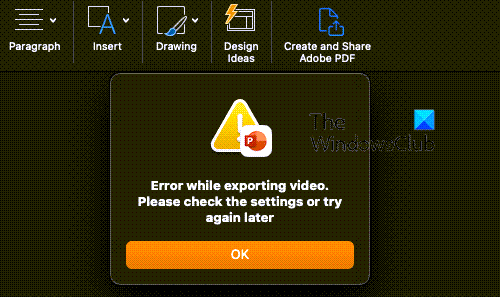 „PowerPoint“ klaida eksportuojant vaizdo įrašą