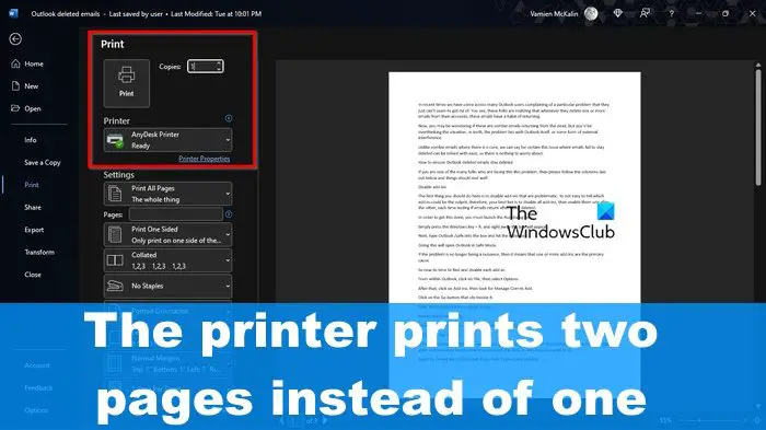L'imprimante imprime deux pages au lieu d'une sur un ordinateur Windows
