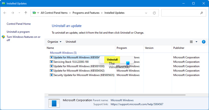 Afinstaller opdateringer i Windows