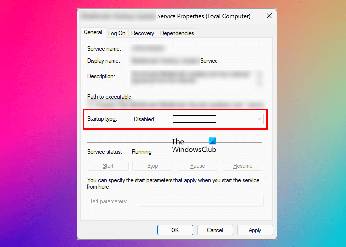 Atspējojiet pakalpojumu sistēmā Windows