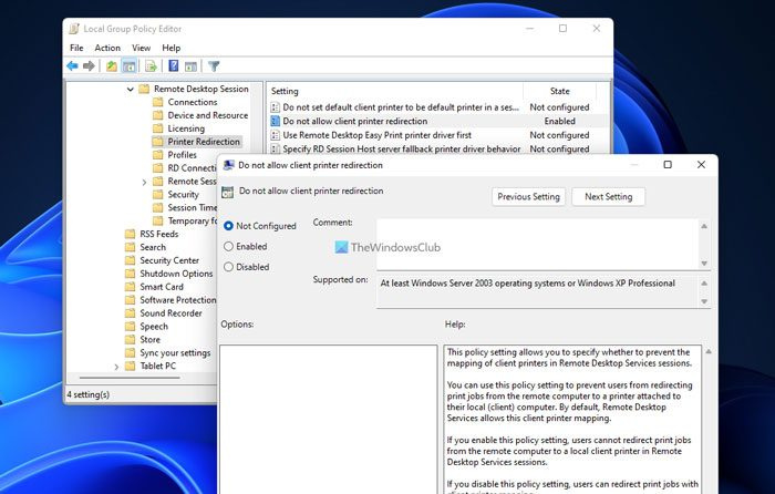 Ubah Arah Pencetak Desktop Jauh tidak berfungsi pada Windows