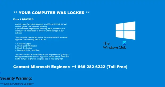 Avertissement de sécurité de Windows Defender Ordinateur verrouillé