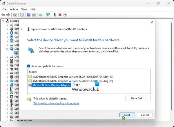 Installer Microsoft Basic Display Driver.