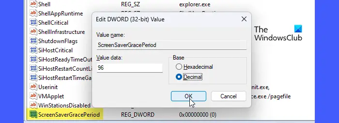   Postavljanje podataka o vrijednosti za DWORD ScreenSaverGracePeriod