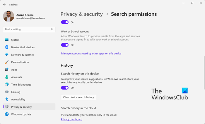 Schakel de zoekvakgeschiedenis op de taakbalk uit in Windows 11