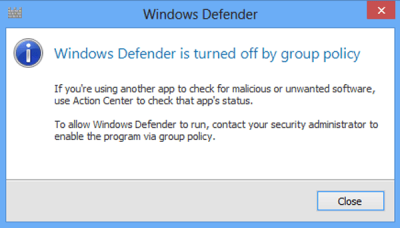 Windows Defender dilumpuhkan oleh dasar kumpulan