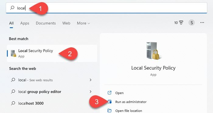 افتح نهج الأمان المحلي باستخدام Windows Search