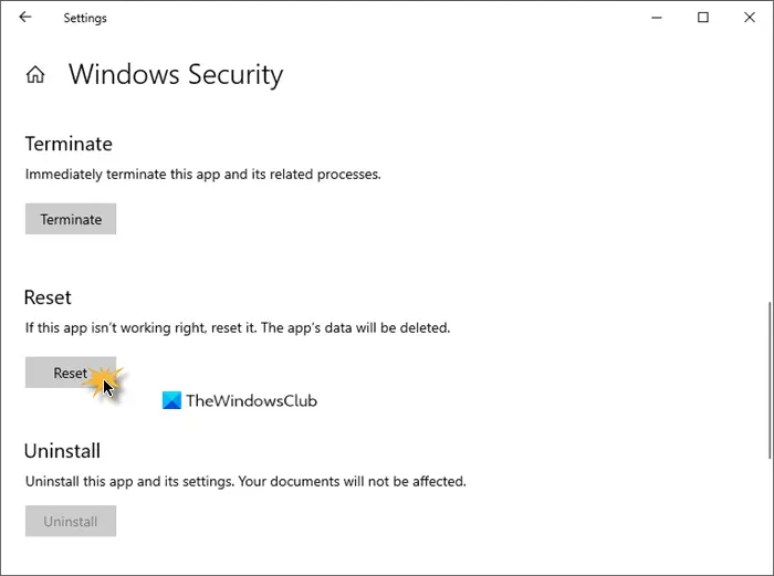   Windows सुरक्षा ऐप को रीसेट करें