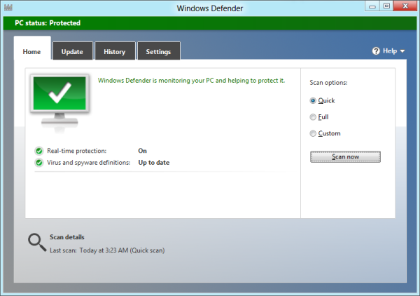 Dans Windows 8, Windows Defender est en fait Microsoft Security Essentials.