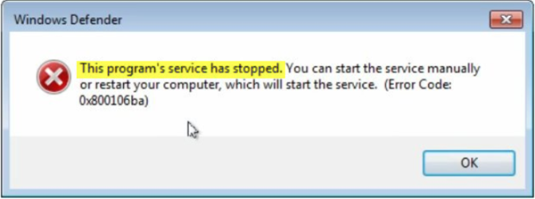 Windows Defender で、このプログラム サービスが停止しました。エラー コード 0x800106ba