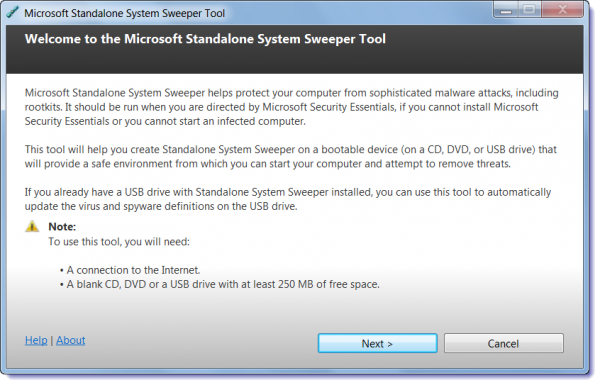 Microsoft Standalone System Sweeper Tool, nakatunud Windowsi arvuti taastamise tööriist