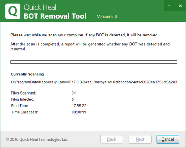Quick Heal BOT Removal Tool supprime les infections de botnet de l'ordinateur Windows