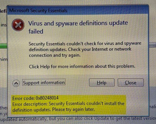 Odpravite napako Microsoft Security Essentials Windows Update 0x80248014