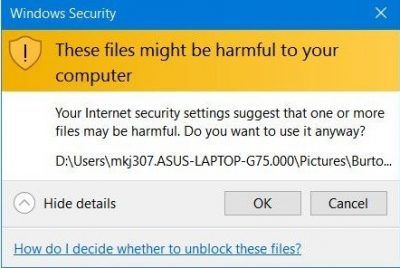 Poista käytöstä Nämä tiedostot voivat olla haitallisia tietokoneesi varoituksille Windows 10: ssä