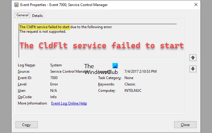 Pokretanje usluge CldFlt nije uspjelo.