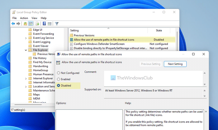 Windows에서 파일 바로 가기 아이콘에 대한 원격 경로를 사용하는 것을 허용하거나 금지합니다.